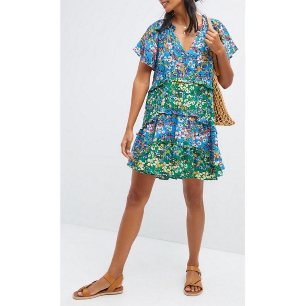 New Anthropologie Women's Blue Multi Floral Robin Tiered Mini Dress Size XS/S